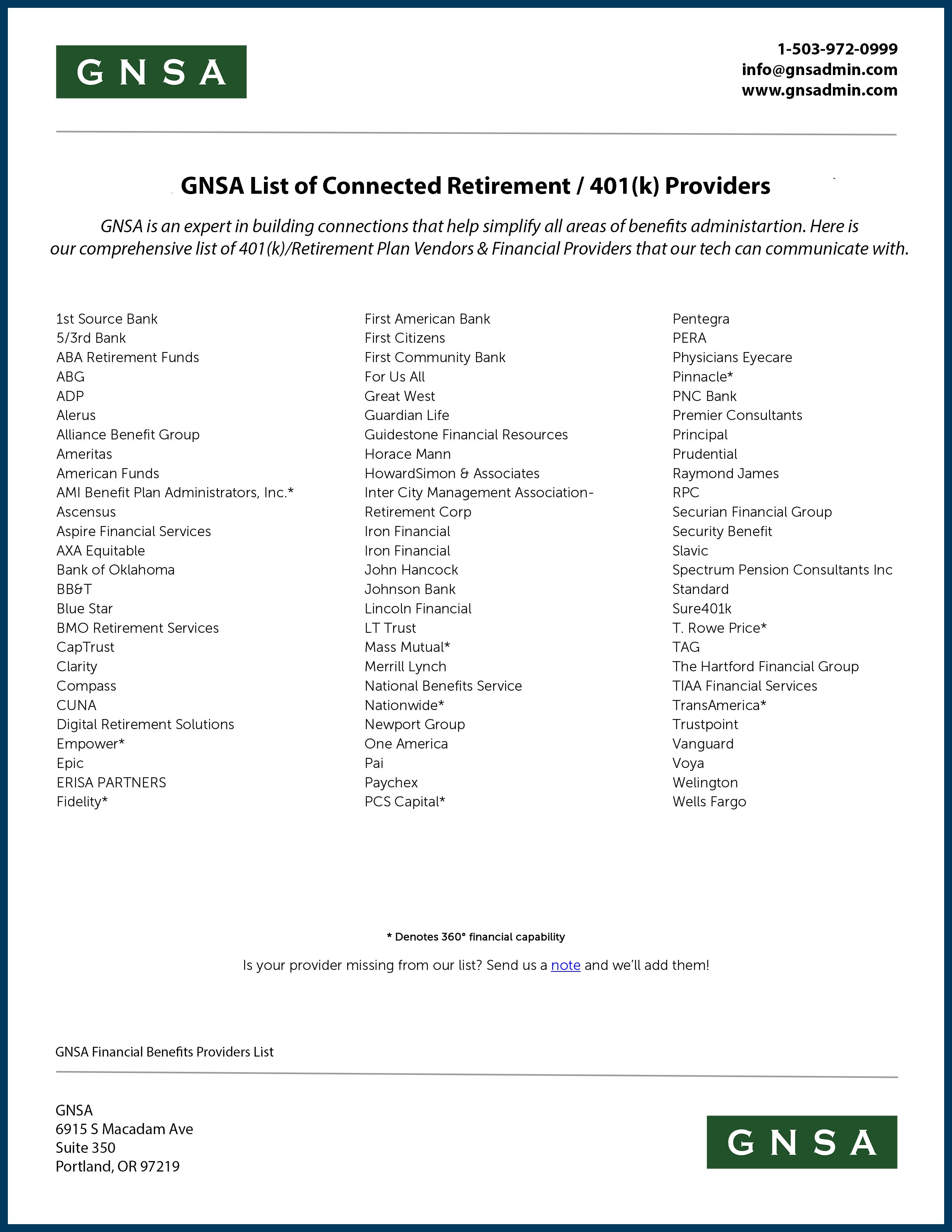 Retirement 401k Providers List | Great Northern Staff Administrators